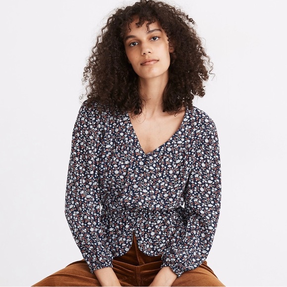 Madewell Silk Button-Front Peplum Top in Harvest Vine - Picture 4 of 11